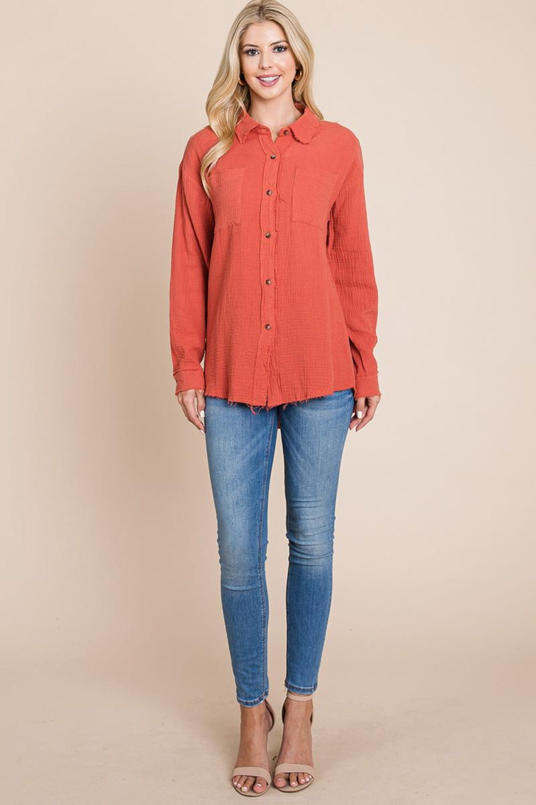 Textured Cotton Raw Edge Gauze Blouse Tops Shirts