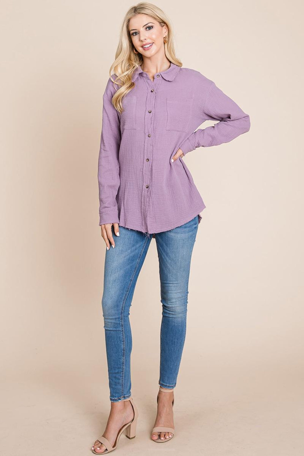Textured Cotton Raw Edge Gauze Blouse Tops Shirts