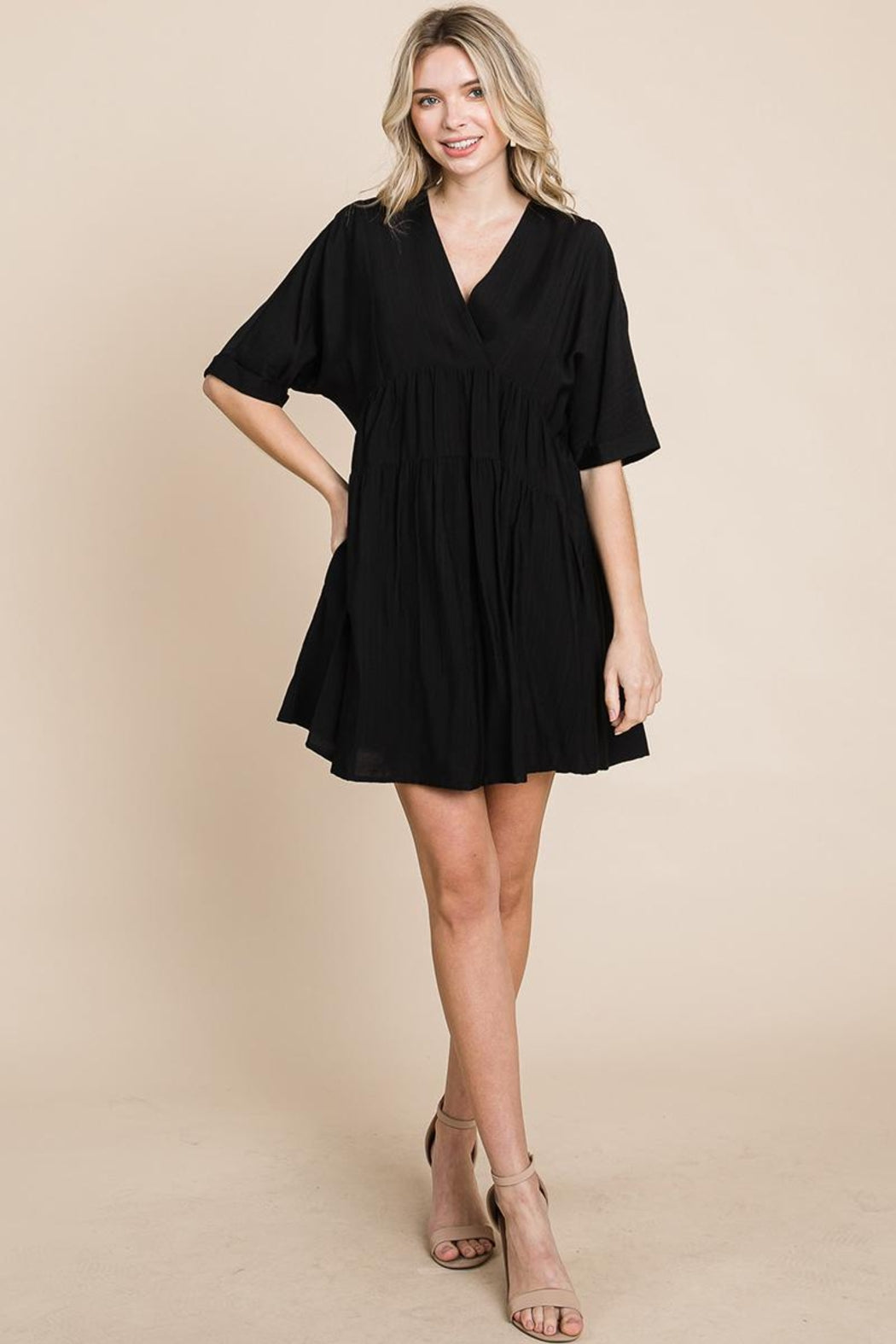 Tiered Dolman Sleeve V Neck Babydoll Dress