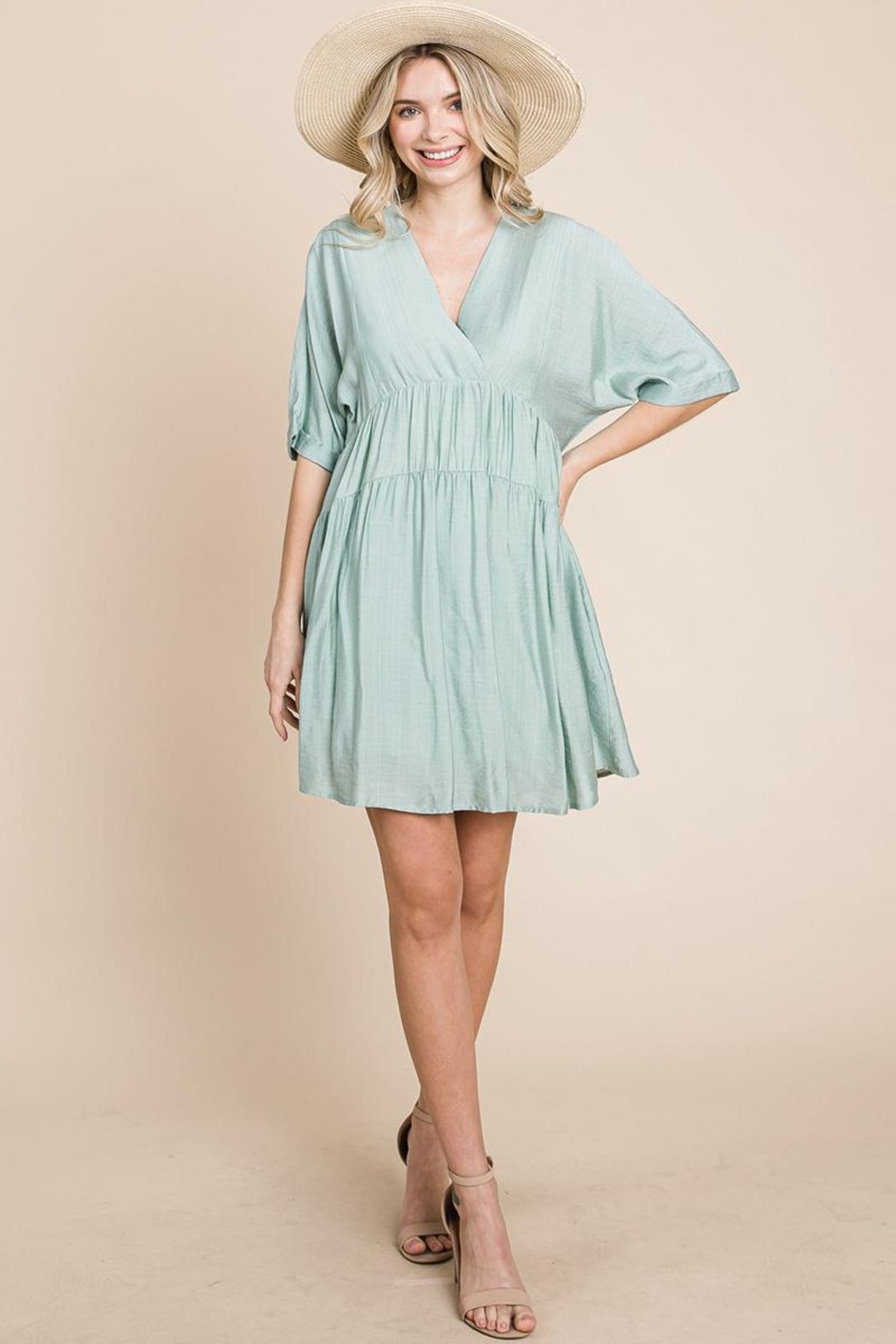 Tiered Dolman Sleeve V Neck Babydoll Dress