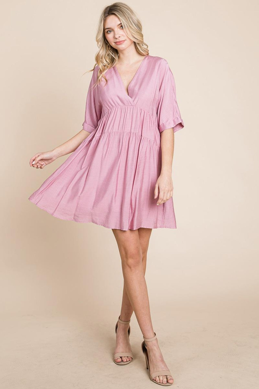 Tiered Dolman Sleeve V Neck Babydoll Dress