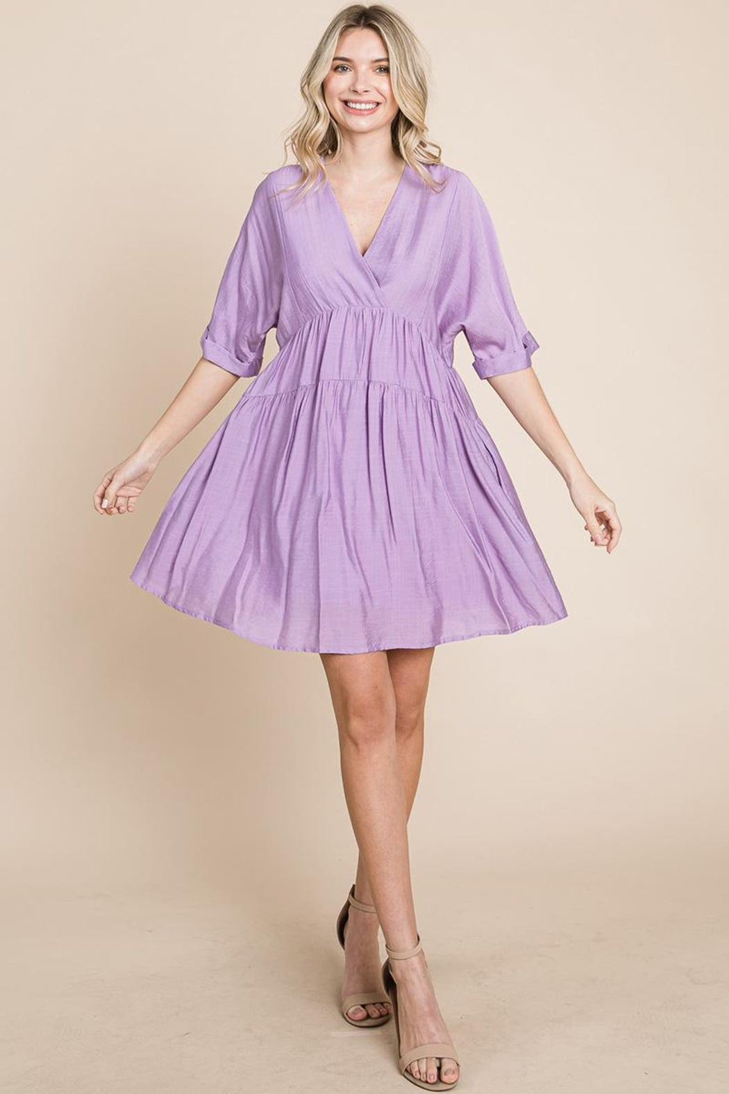 Tiered Dolman Sleeve V Neck Babydoll Dress