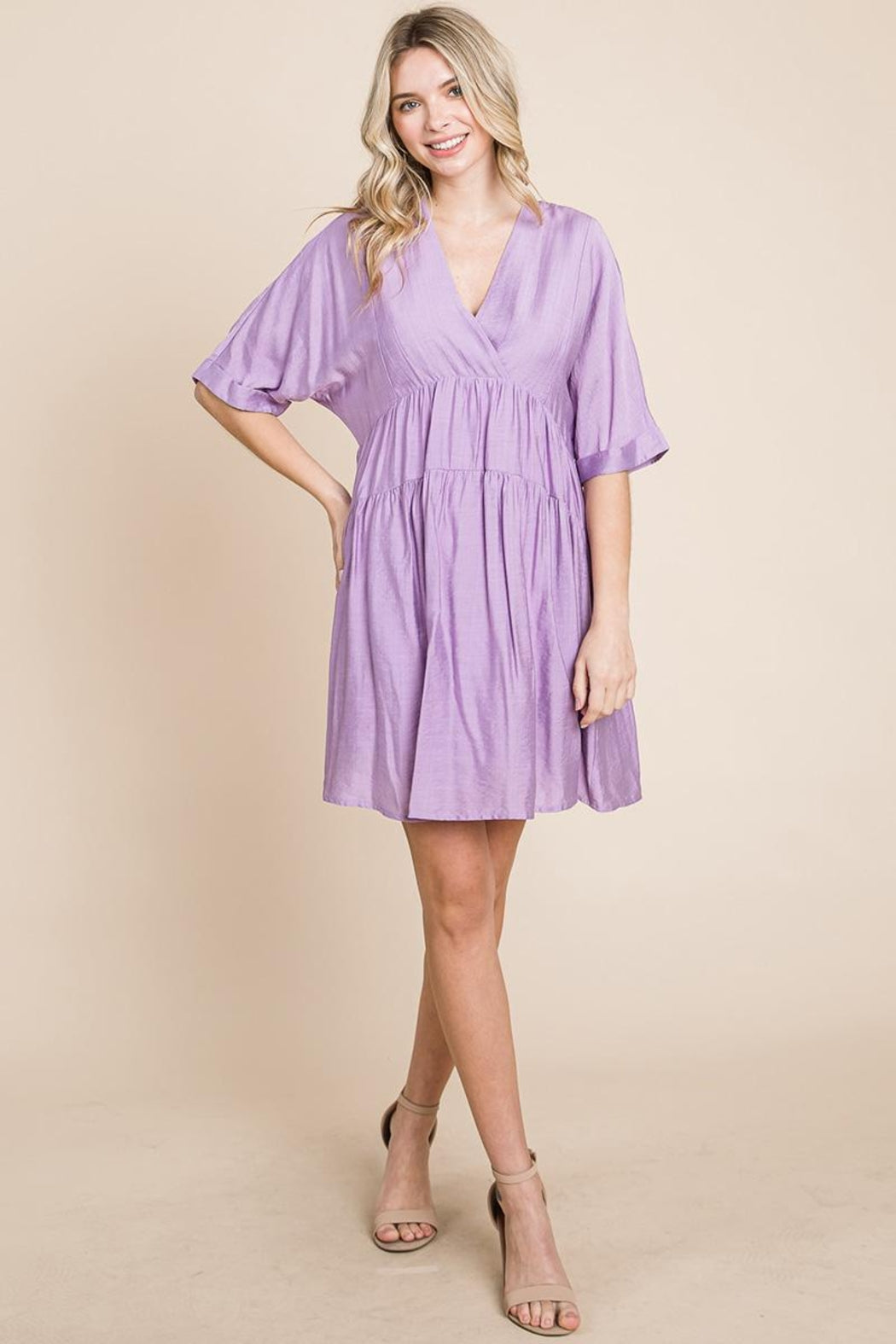 Tiered Dolman Sleeve V Neck Babydoll Dress
