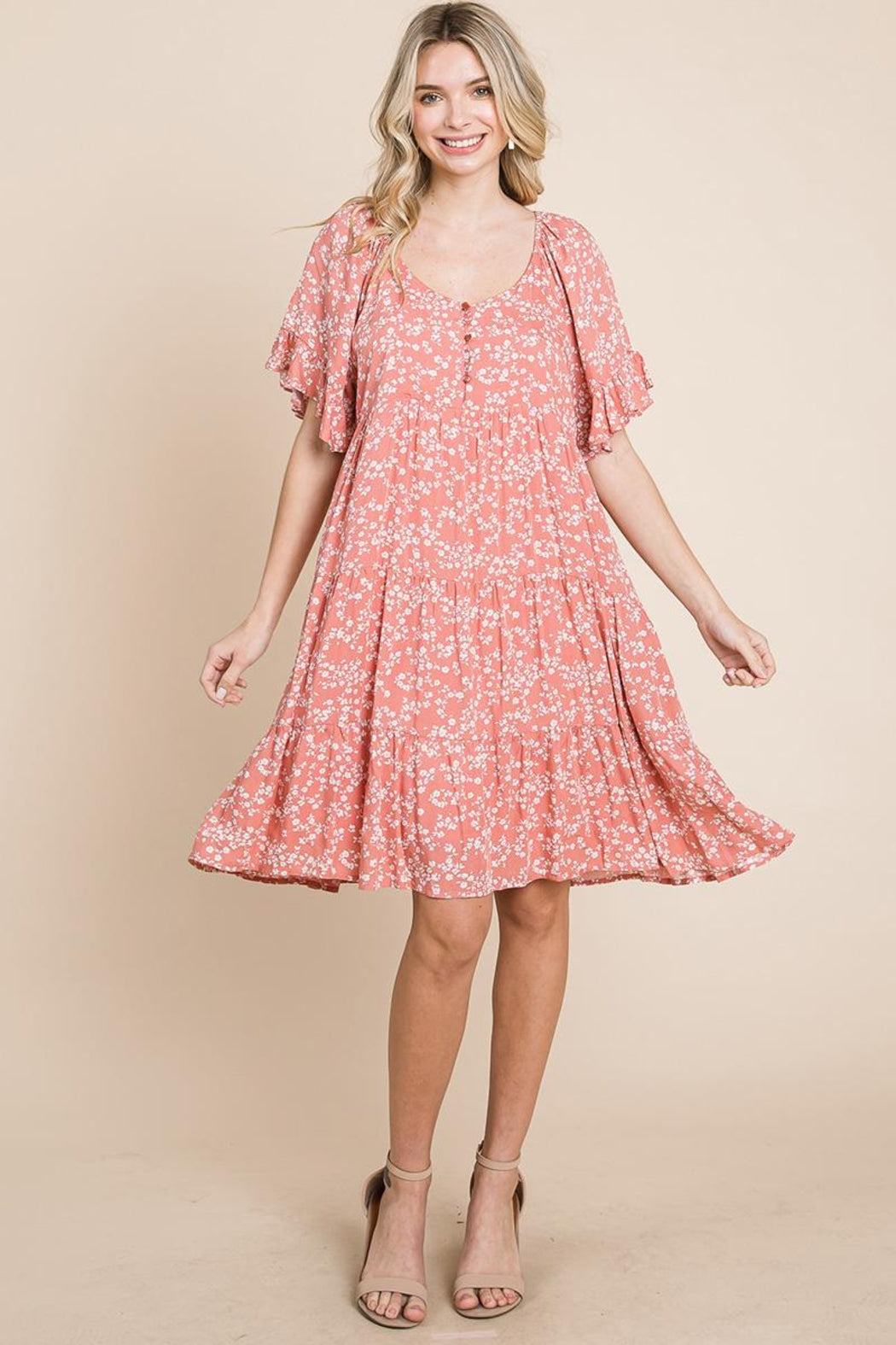 Tiered Floral Printed Flutter Short Sleeve Dress
