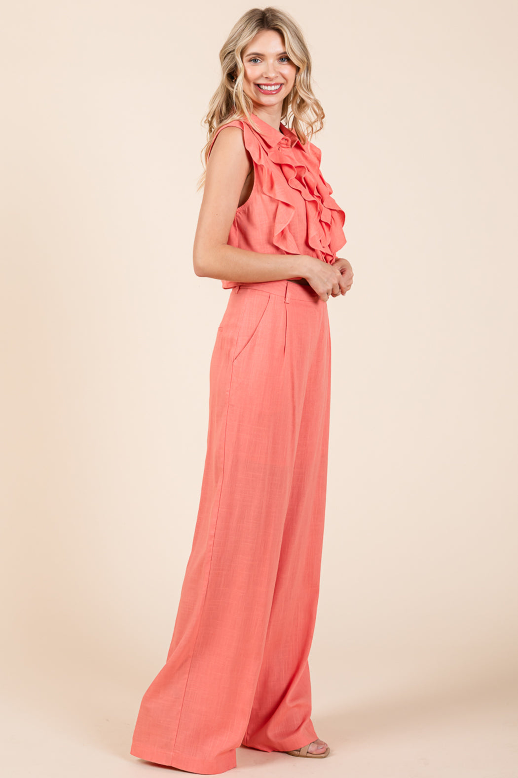 Two Piece Linen Ruffled Top And Wide Leg Pants Set