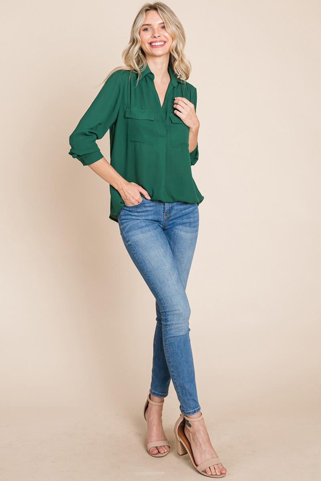 V Neck Collared Pocket Detail Blouse Shirts