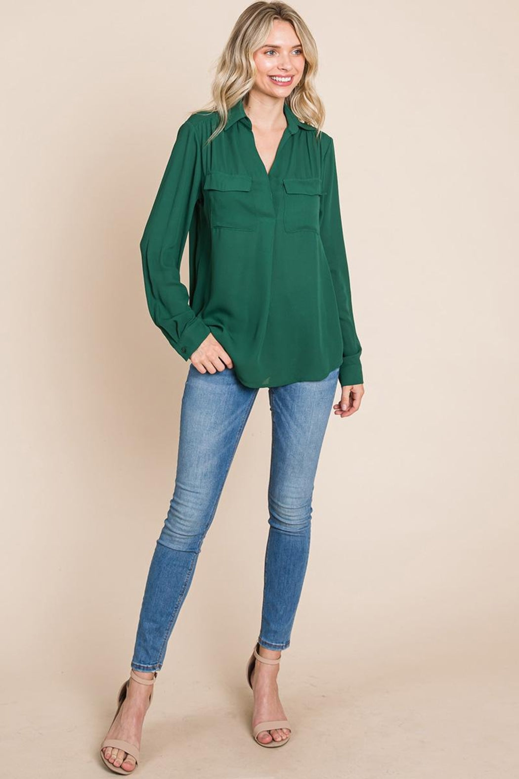 V Neck Collared Pocket Detail Blouse Shirts