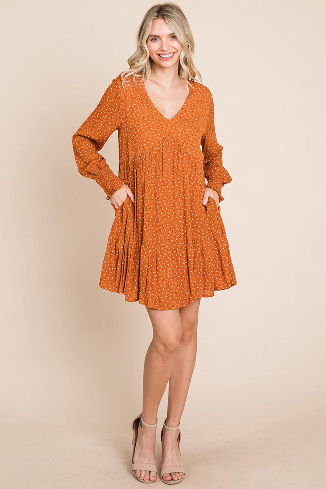 V Neck Floral Printed Long Sleeve Pleated Dress