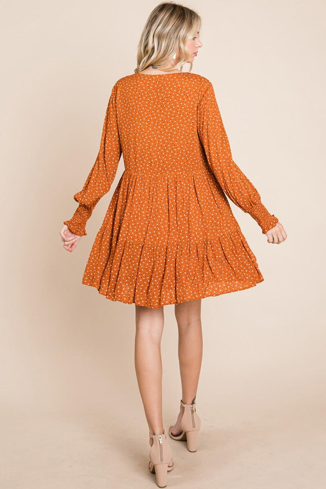 V Neck Floral Printed Long Sleeve Pleated Dress