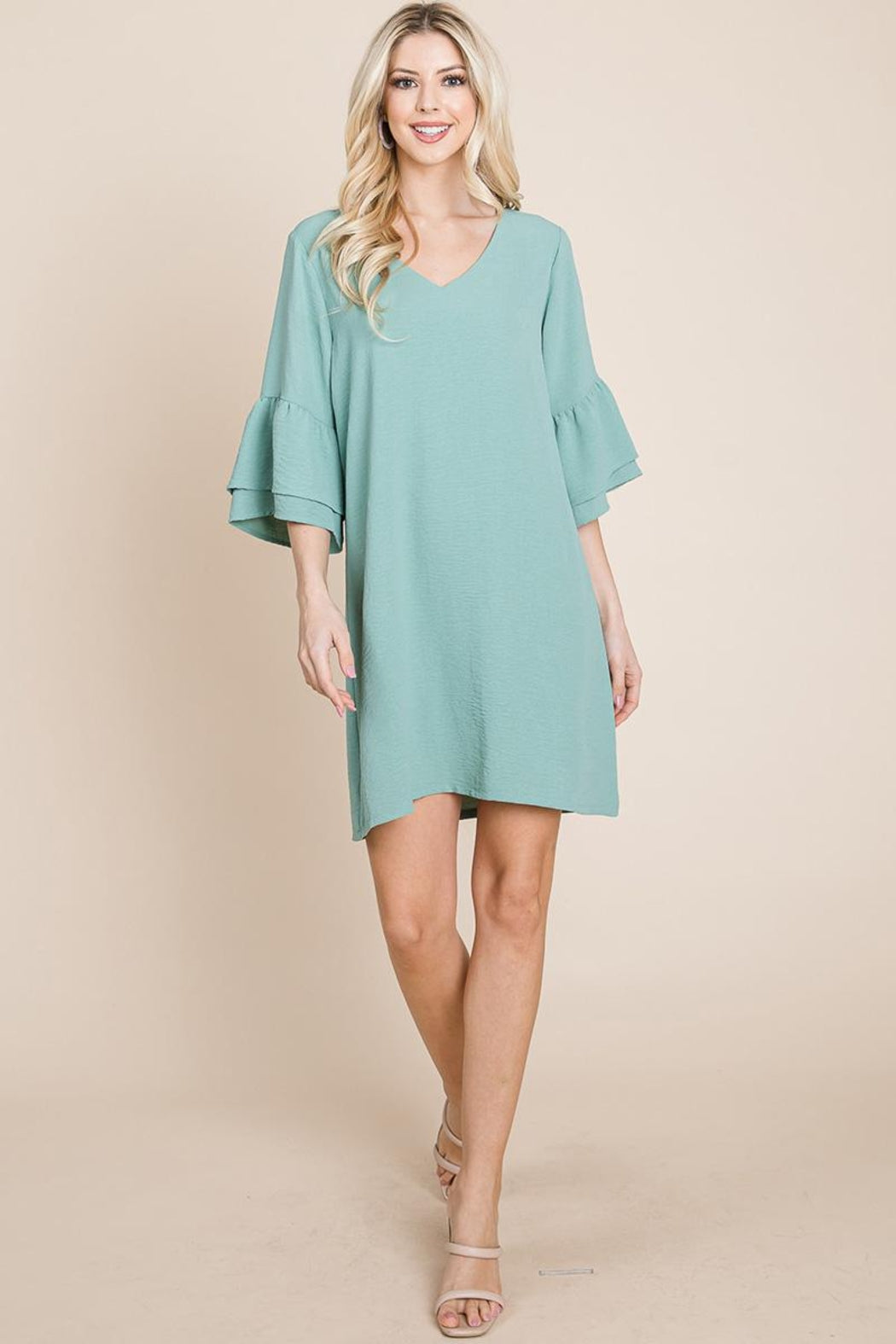 V Neck Flounce Ruffle Sleeve Tunic Shift Dress