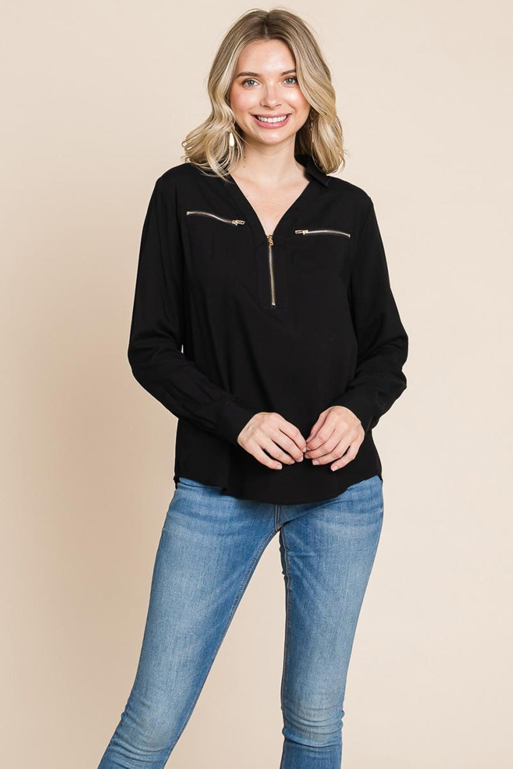 V Neck Front Zip Up Long Sleeve Top
