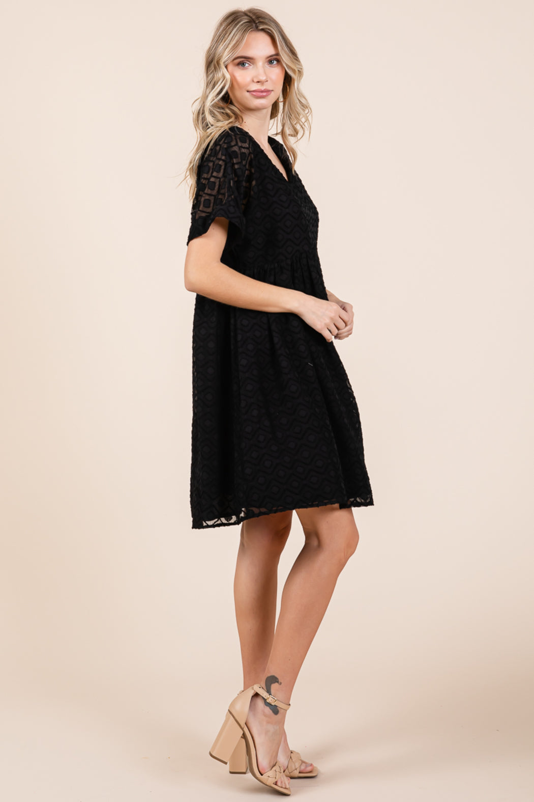 V Neck Geometric Print Babydoll A Line Mini Dress