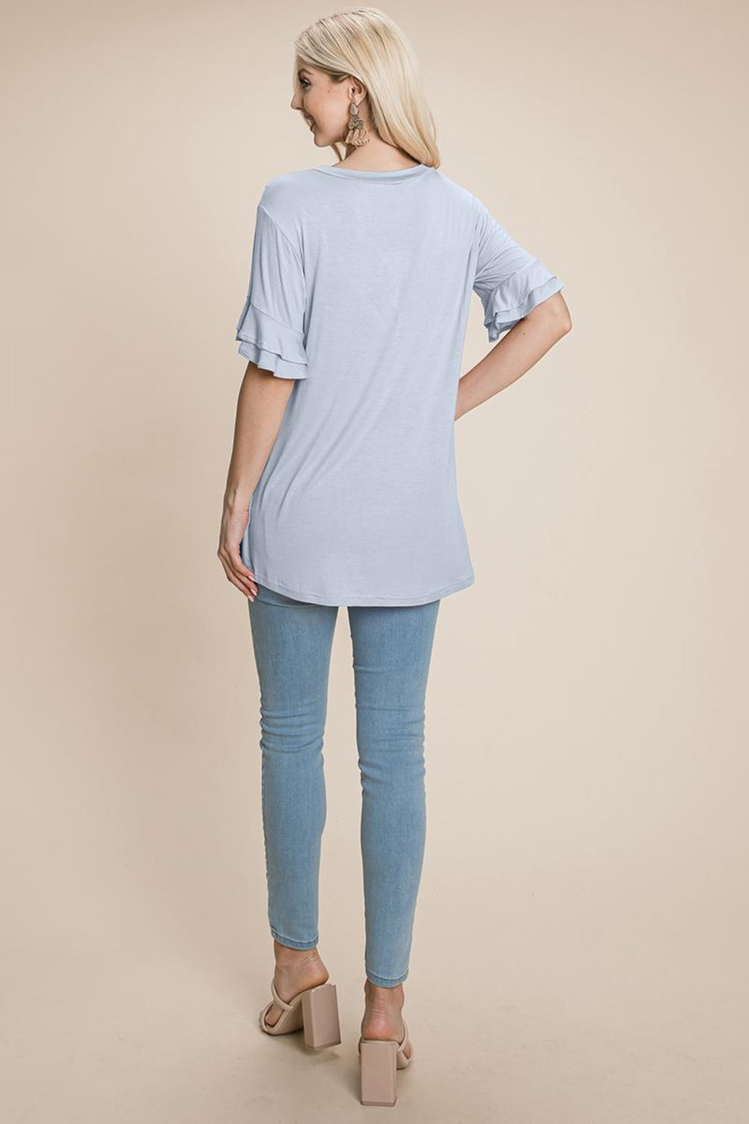 V Neck Lace Trim Front Ruffle Sleeve Shirt Tops