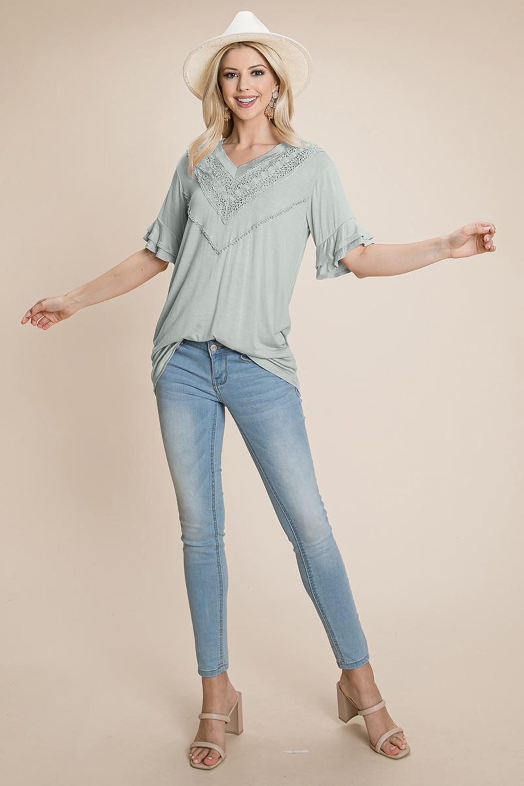 V Neck Lace Trim Front Ruffle Sleeve Shirt Tops