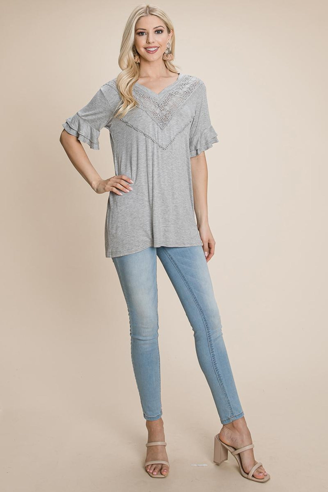 V Neck Lace Trim Front Ruffle Sleeve Shirt Tops