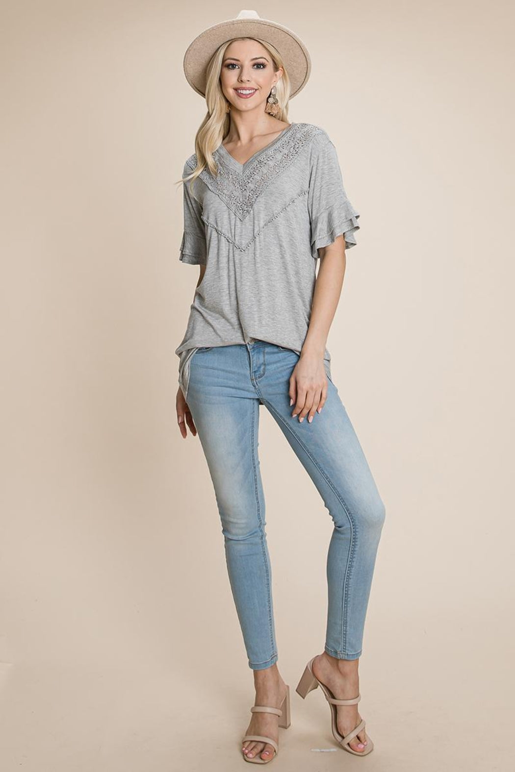 V Neck Lace Trim Front Ruffle Sleeve Shirt Tops