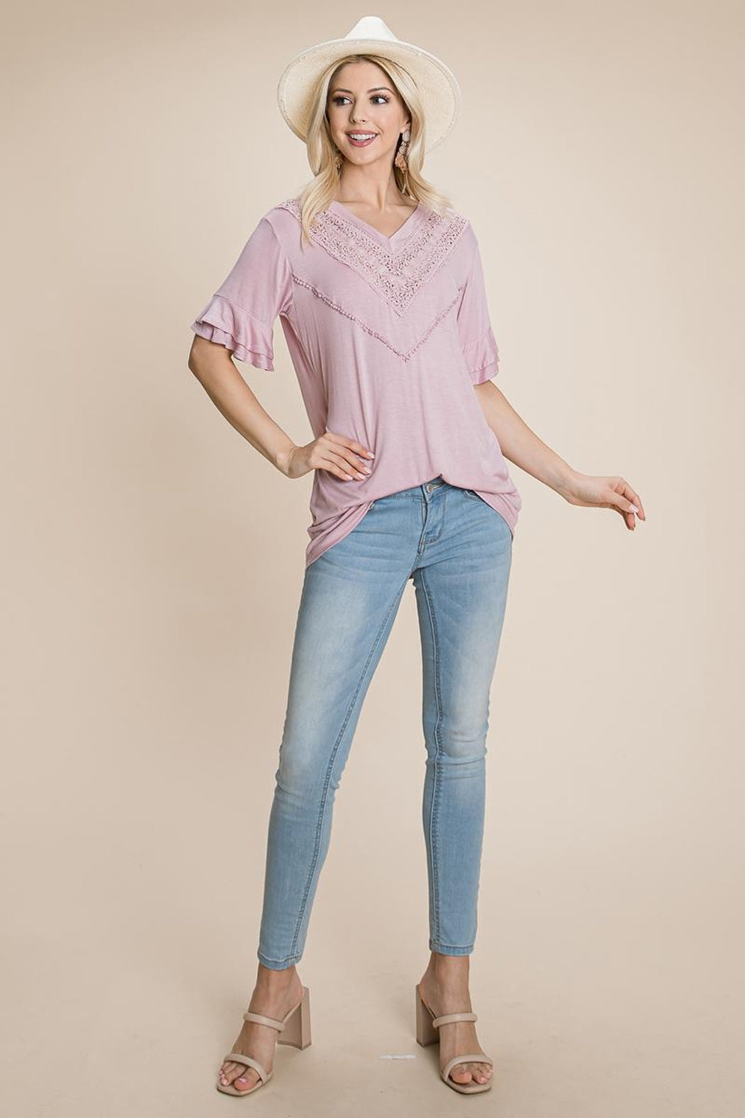 V Neck Lace Trim Front Ruffle Sleeve Shirt Tops