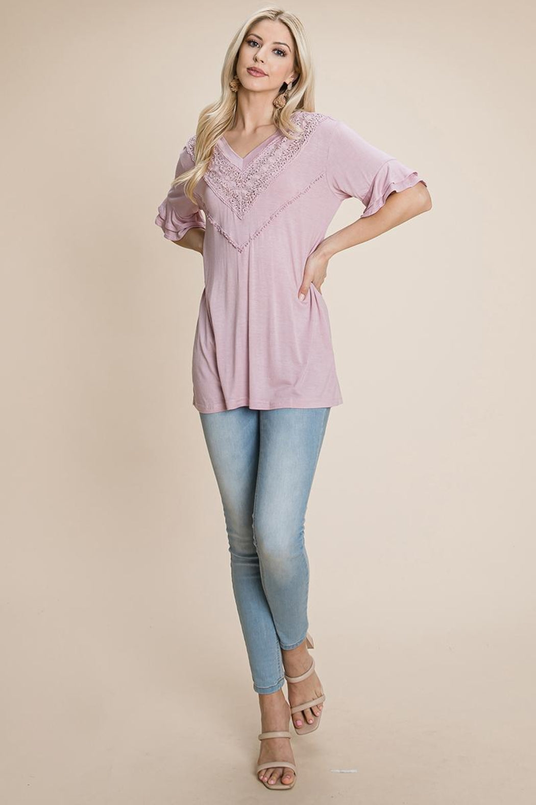 V Neck Lace Trim Front Ruffle Sleeve Shirt Tops
