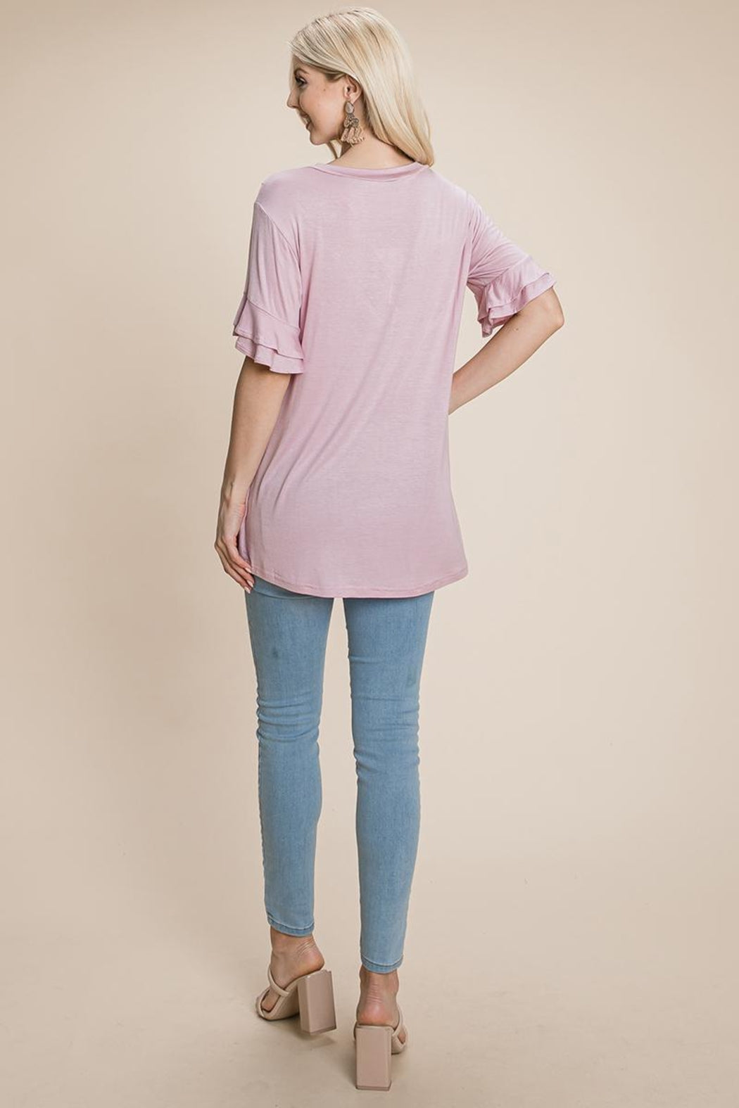 V Neck Lace Trim Front Ruffle Sleeve Shirt Tops