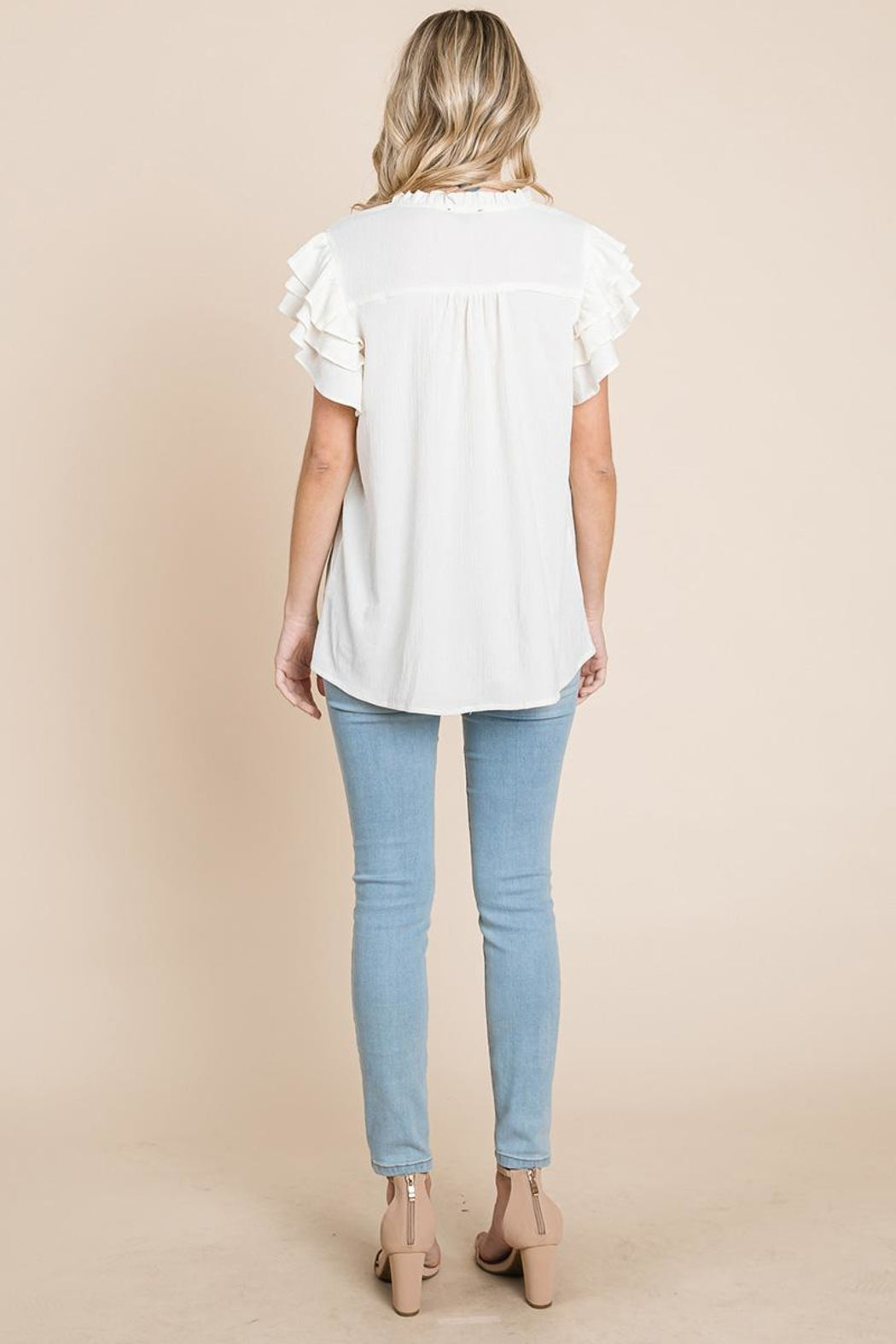 V Neck Ruffle Sleeve Textured Shirts Blouses