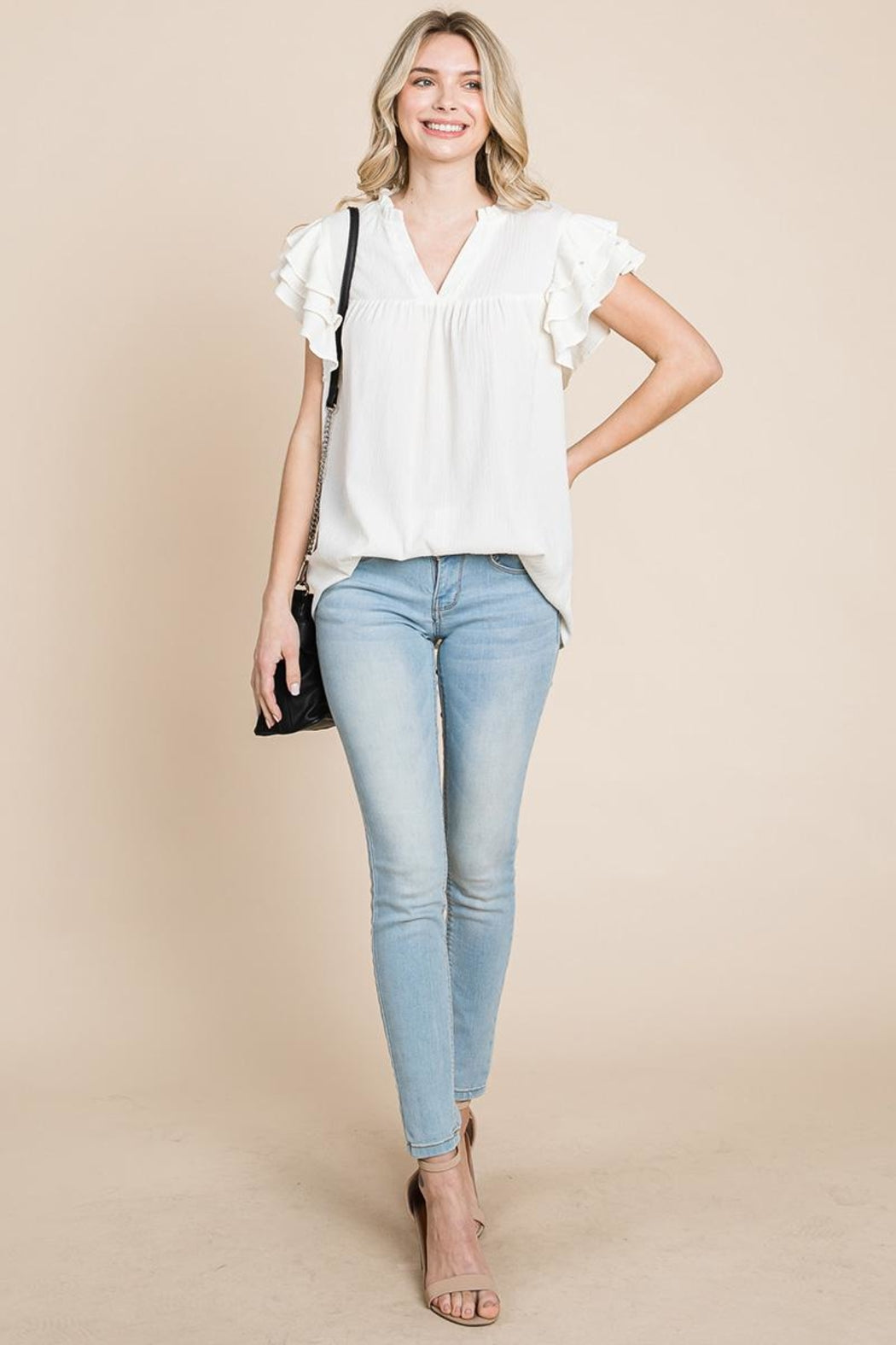 V Neck Ruffle Sleeve Textured Shirts Blouses