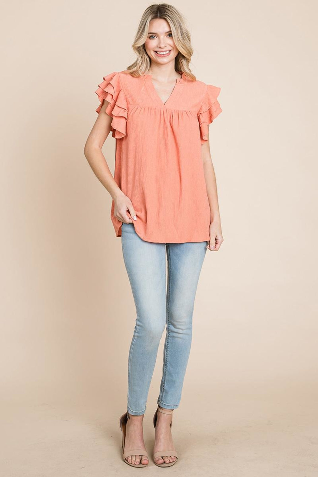 V Neck Ruffle Sleeve Textured Shirts Blouses