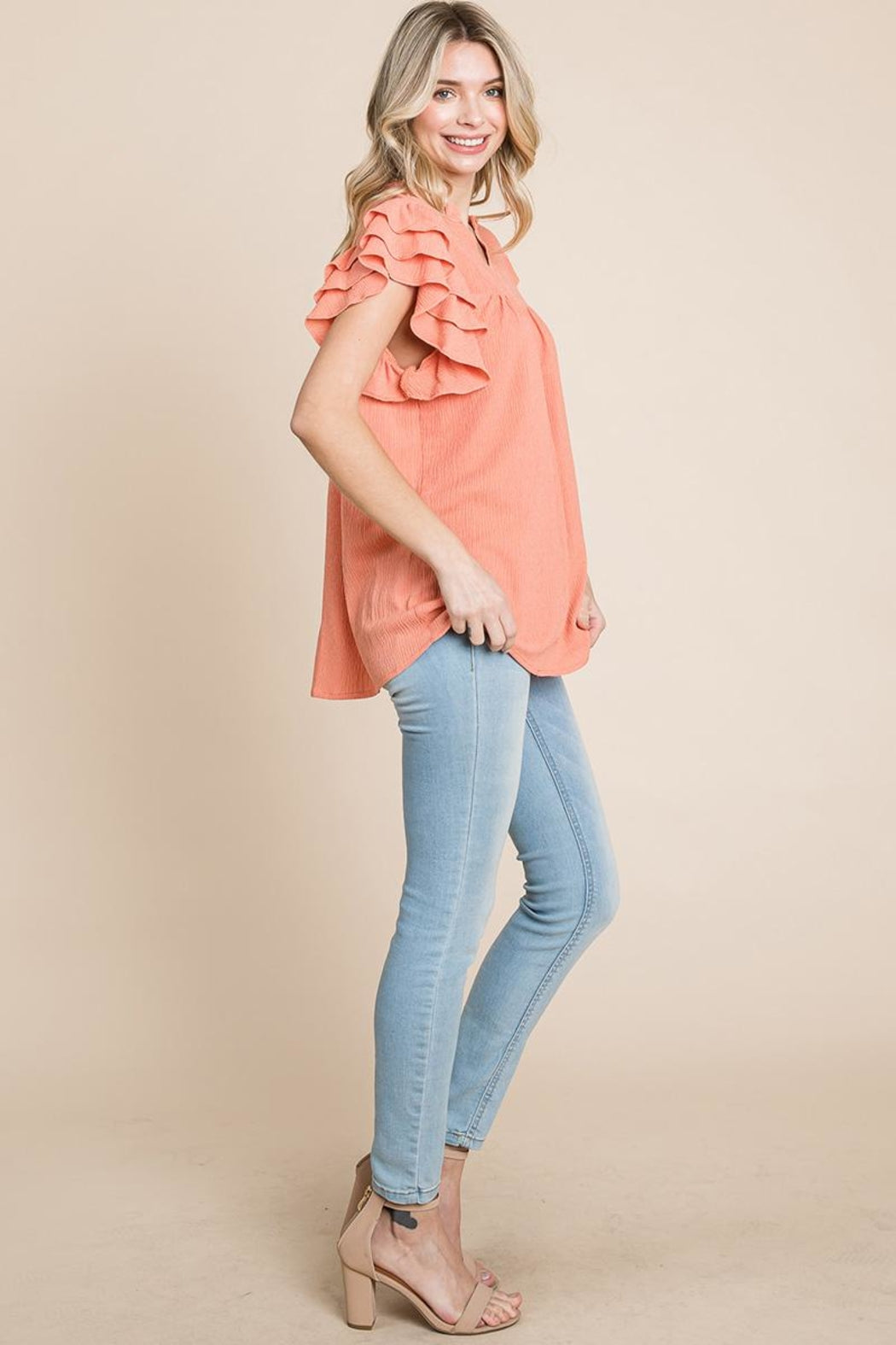 V Neck Ruffle Sleeve Textured Shirts Blouses