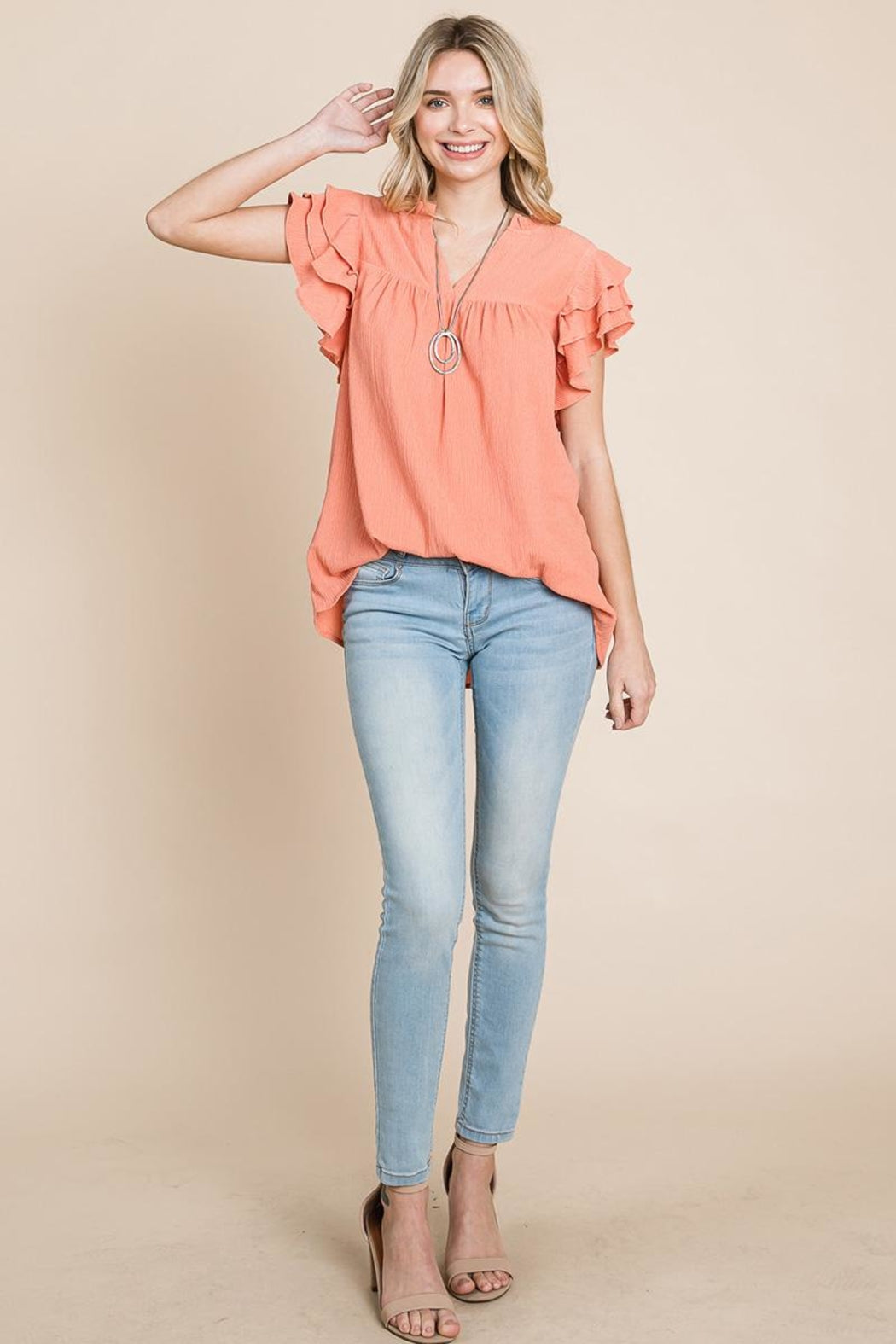 V Neck Ruffle Sleeve Textured Shirts Blouses