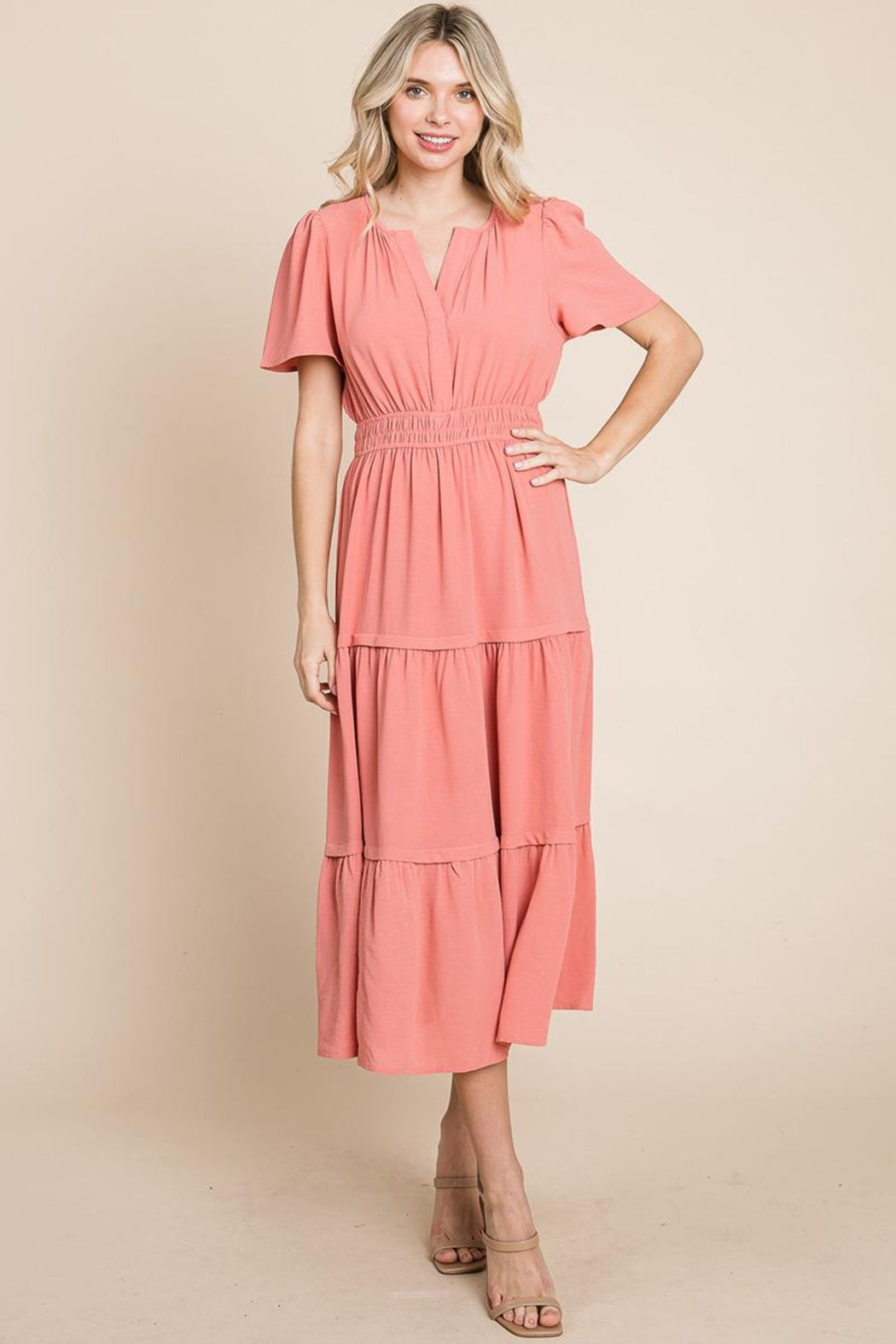 V Neck Short Sleeve Layered Maxi Dress