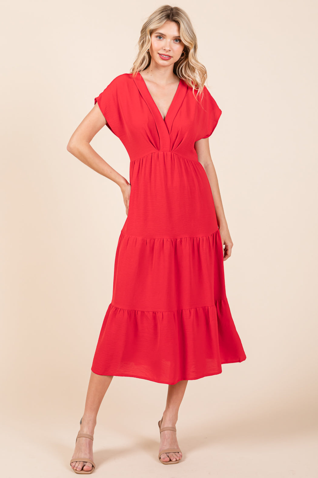 V Neck Tiered Cap Sleeve Pleated Ruffle Midi Dress