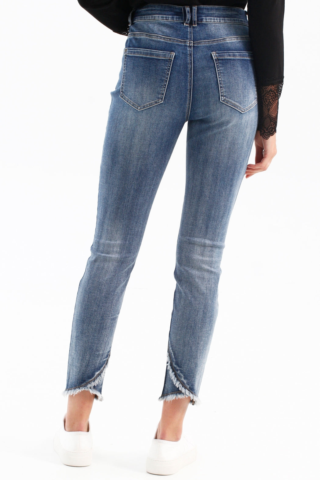 Stretch Denim Jeans With Released Crossover Hem