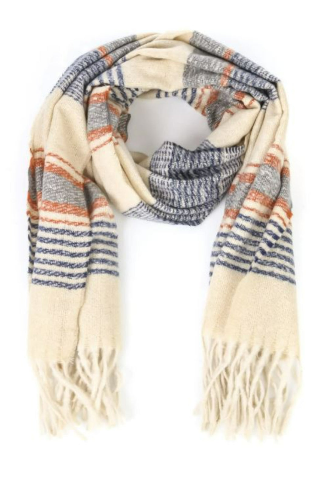 Stripe Pattern Oblong Fringe Scarf
