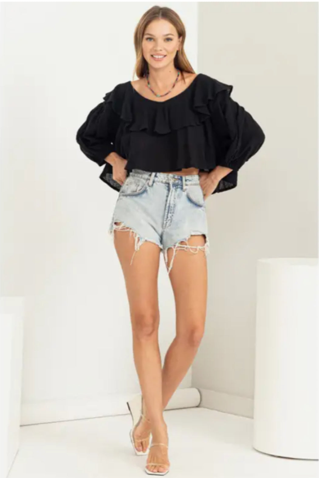 Sweetie Ruffled Three Quarter Sleeve Crop Top
