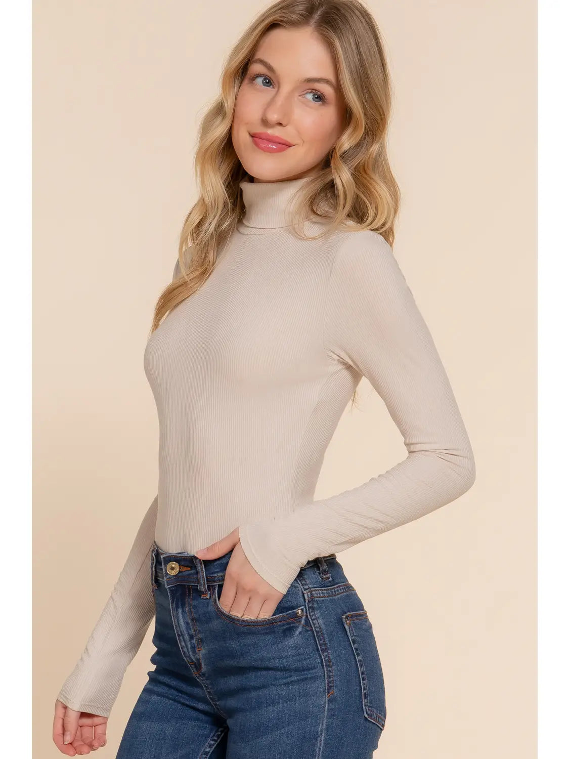 Taupe Long Sleeve Turtle Neck Rayon Rib Bodysuit