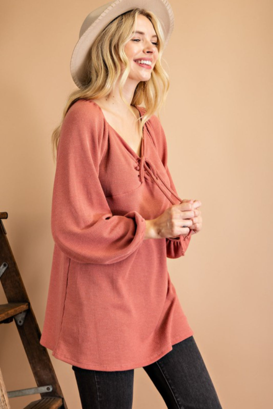 Thermal Knit Top with Ruched Chest