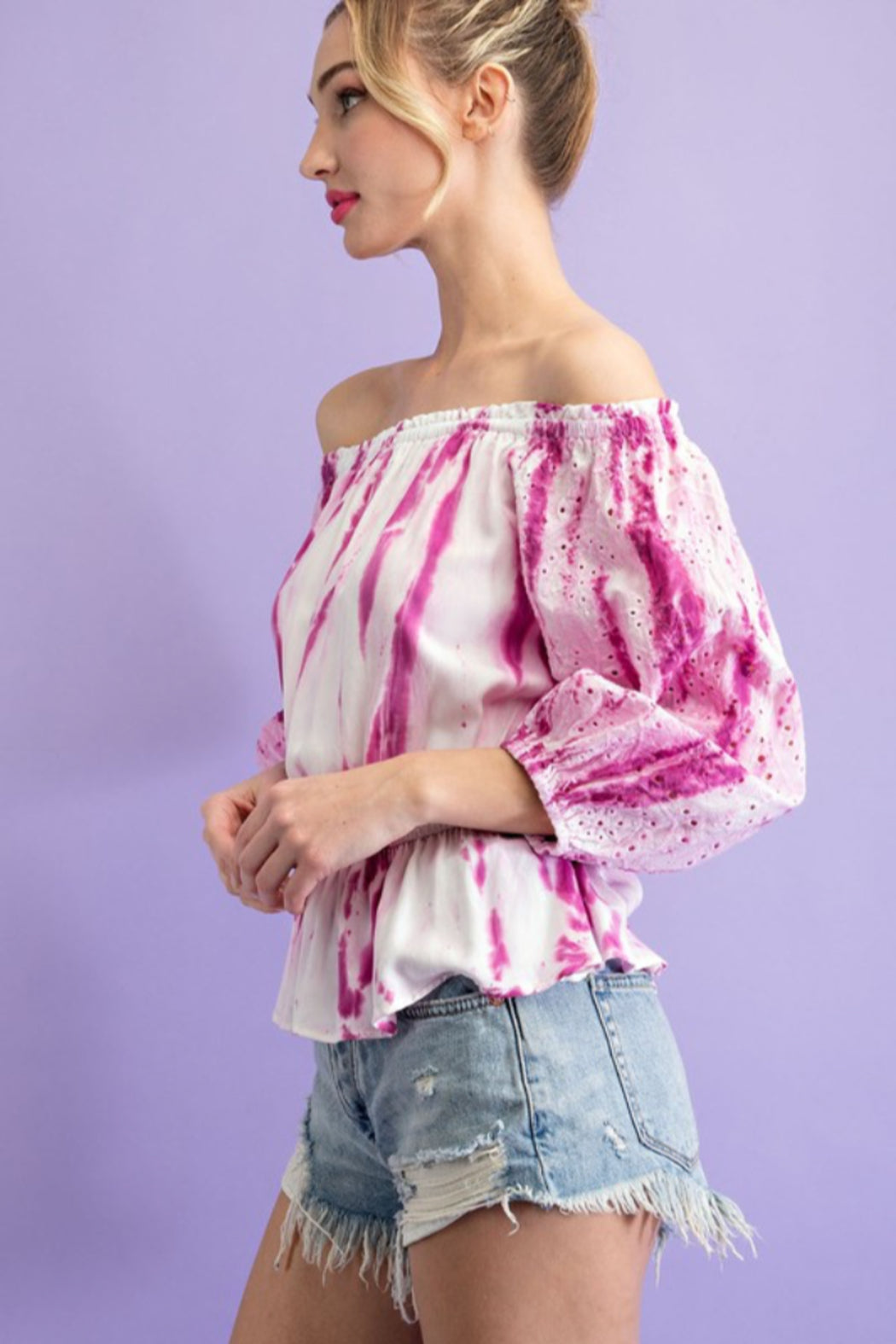 Tie Dye Eyelet Off Shoulder Top