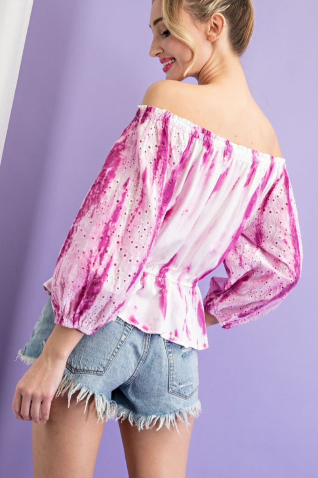 Tie Dye Eyelet Off Shoulder Top