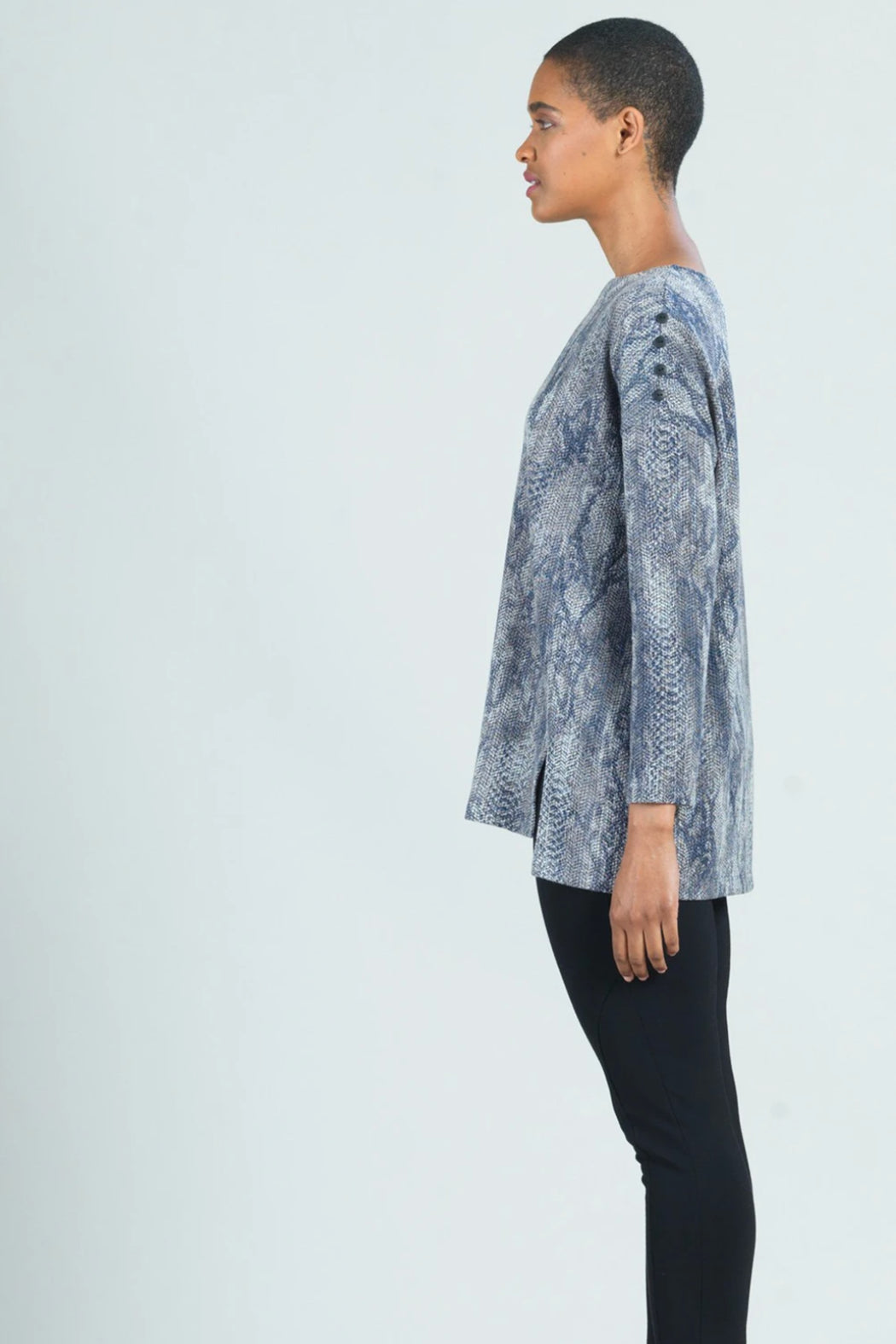 Waffle Knit Python Stitch Button Shoulder Sweater Tunic