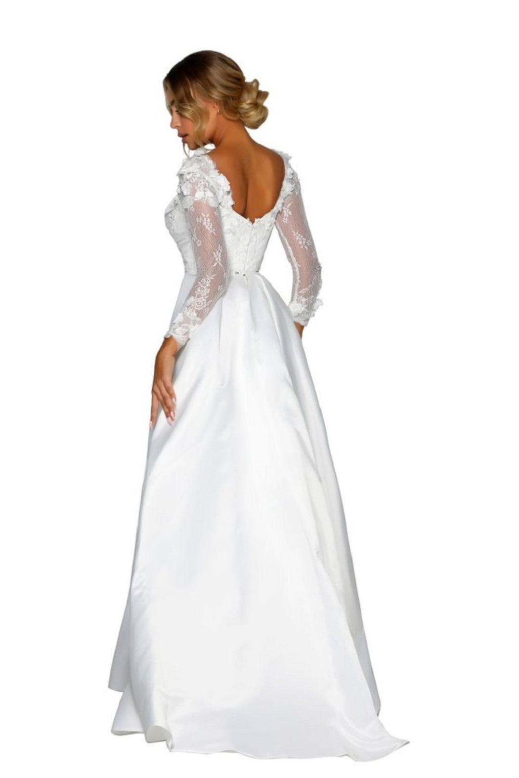 White 3D Lace Fit & Flare Bridal Gown With Train