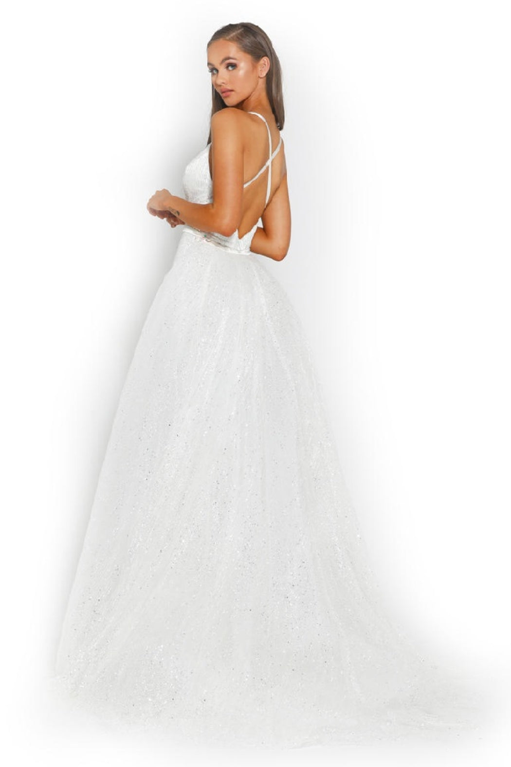 White Glitter Fit & Flare Bridal Gown With Detachable Train