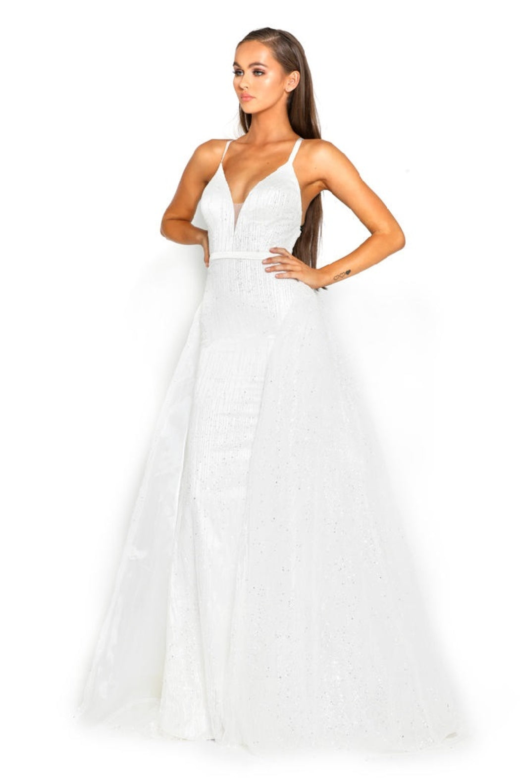 White Glitter Fit & Flare Bridal Gown With Detachable Train