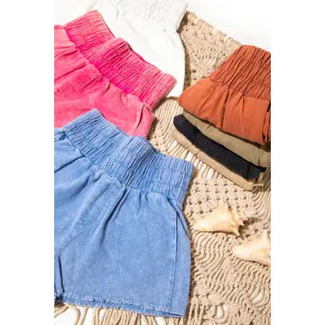 White High-Waist Washed Twill Shorts