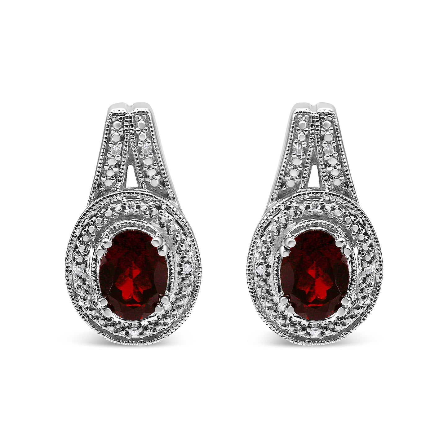 .925 Sterling Silver Diamond Accent And 8X6mm Red Oval Garnet Stud Earrings (I-J Color, I1-I2 Clarity)