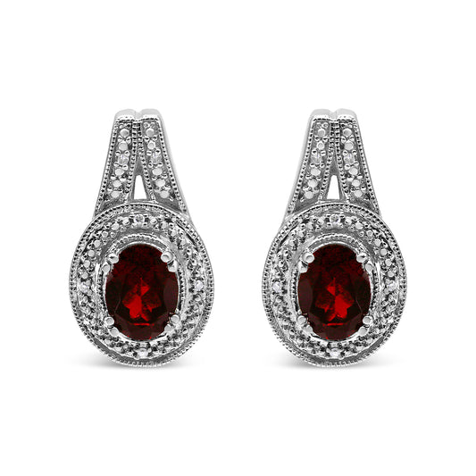 .925 Sterling Silver Diamond Accent And 8X6mm Red Oval Garnet Stud Earrings (I-J Color, I1-I2 Clarity)
