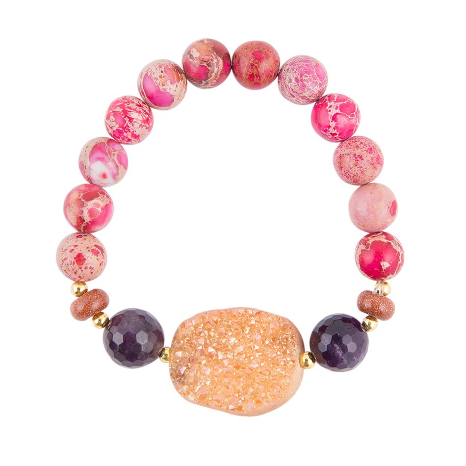 Orange Druzy, Amethyst, Sunstone and Fuchsia Agate Bracelet