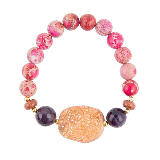 Orange Druzy, Amethyst, Sunstone and Fuchsia Agate Bracelet