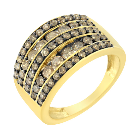 10K Yellow Gold Over .925 Sterling Silver 1 1/2 Cttw Black Rhodium Shared-Prong Round-Cut Diamond 5 Row Band Ring (J-K Color, I1-I2 Clarity) - Size 6