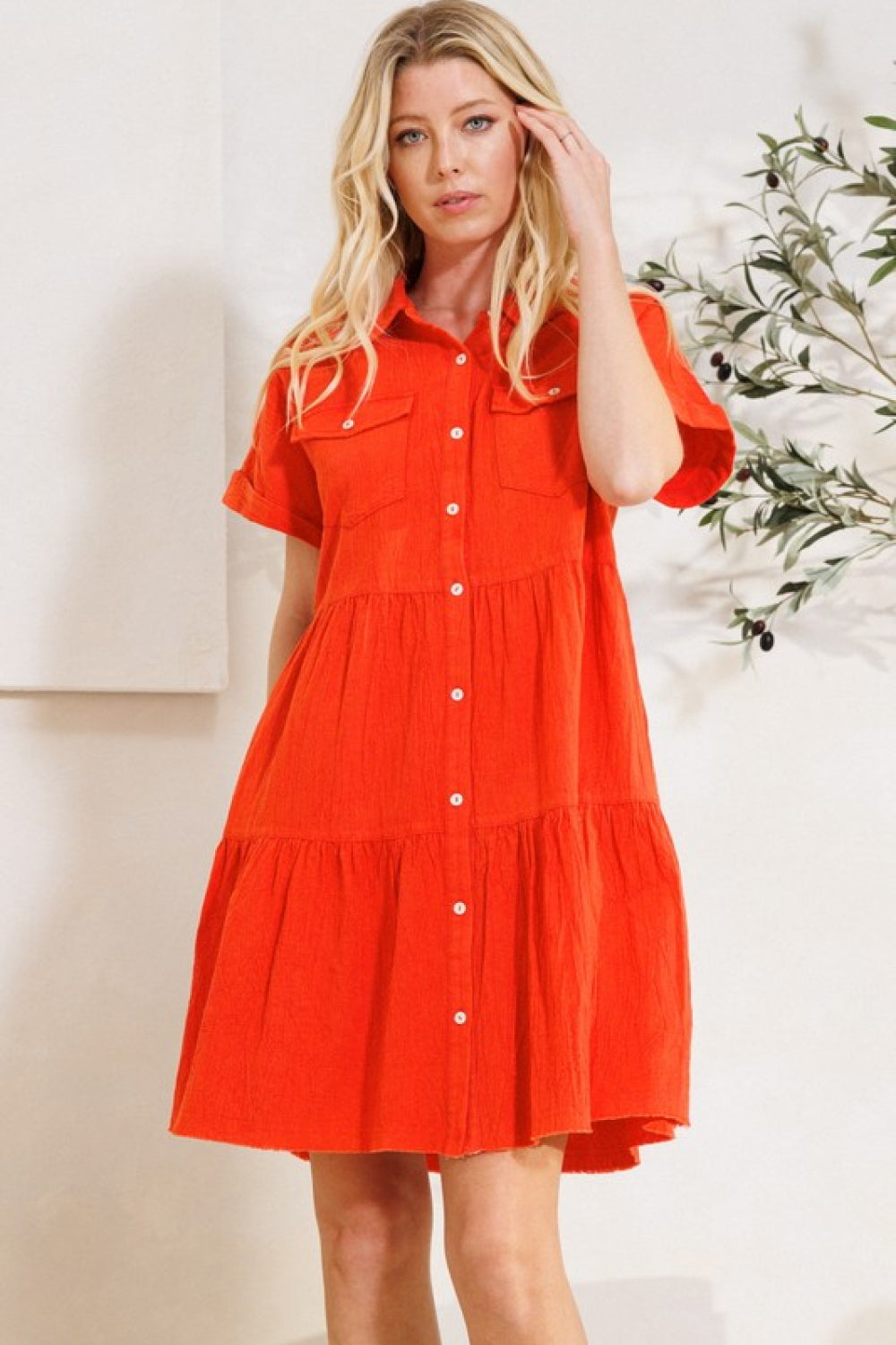 ODDI Full Size Button Front Tiered Shirt Dress