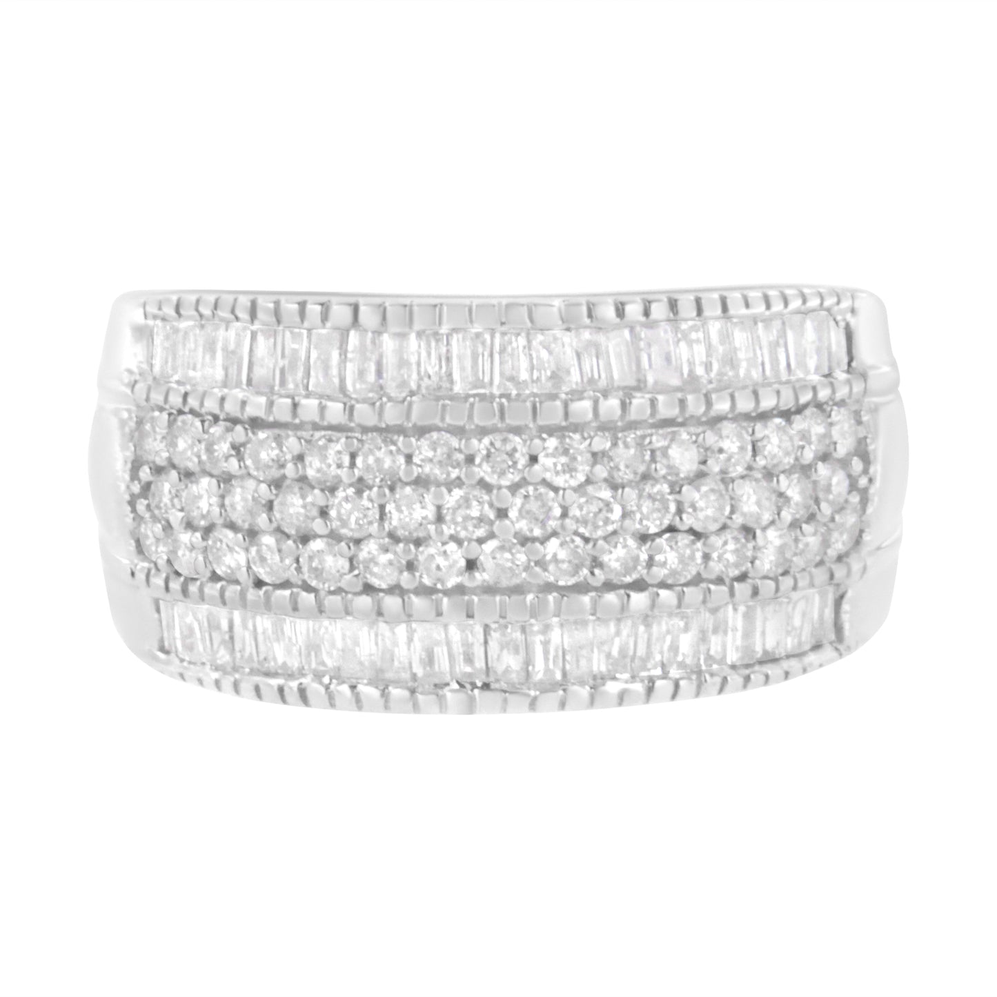 .925 Sterling Silver 1Cttw Multi-Row Round And Baguette-Cut Diamond Modern Band Ring (I2-I3 Clarity, H-I Color) - Size 7