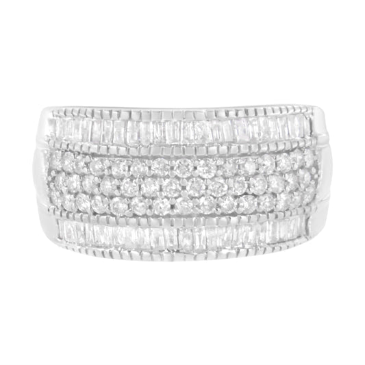 .925 Sterling Silver 1Cttw Multi-Row Round And Baguette-Cut Diamond Modern Band Ring (I2-I3 Clarity, H-I Color) - Size 8